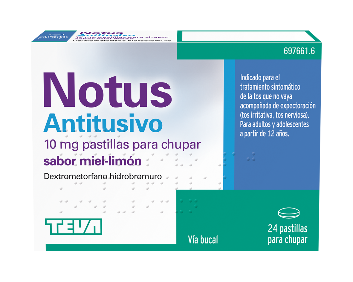 NOTUS ANTITUSIVO 10 MG PASTILLAS PARA CHUPAR SABOR MIEL - LIMON , 24 pastillas